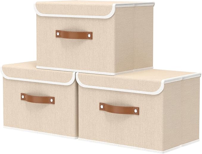 OUTBROS Collapsible Storage Cubes with Lid, Linen Fabric Wardrobe Baskets, Large Box For Towels, Clothes, 15 x 9.8 x 9.8 inch, Beige, 3-Pack
