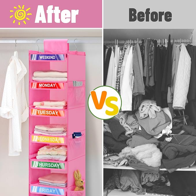 2 Pack 6-Shelf Weekly Clothes Organizer for Kids, Hanging Daily Closet Organization with 6 Side Pockets, Days of The Week Clothing Divider Storage for Boys and Girls (Pink)
