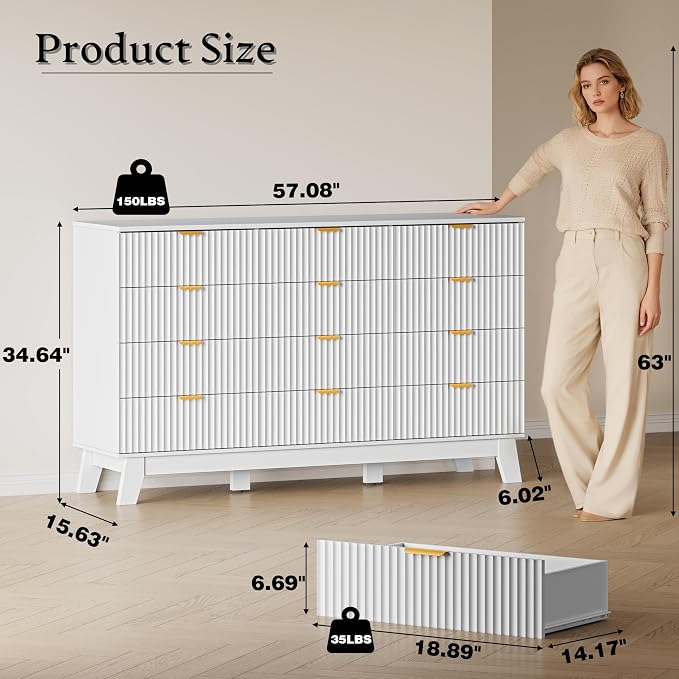 BORNOON 57" Wide Dresser for Bedroom, 12-Drawer Fluted Dresser with Metal Handles, Wood Chest of Drawers with Smooth Slides and Stable Base, Modern Storage Cabinet for Living Room, Nursery