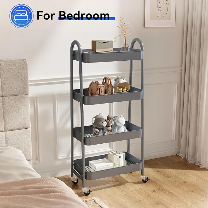 NEWBULIG 4-Tier Metal Rolling Cart with Lockable Wheels, Heavy Duty Mobile Utility Storage Shelf, Roller Book Snack Cart, Organization for Livingroom, Bathroom, Office, Grey