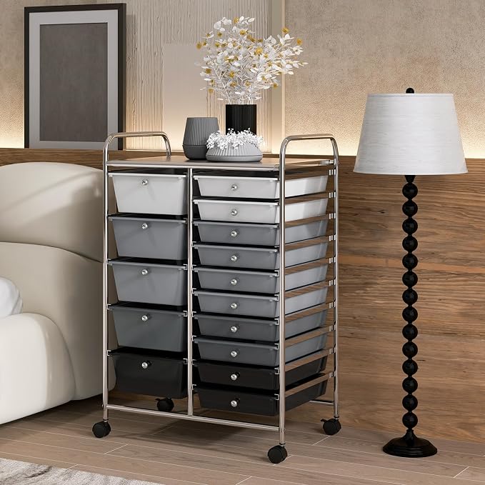 Moccha 15-Drawer Rolling Storage Cart - Under Desk Storage Drawers with wheels for Craft Art Supply Paper Salon, Scrapbook Paper Tools, Mobile Utility Cart for Classroom (15 Drawers, Gradient Grey)