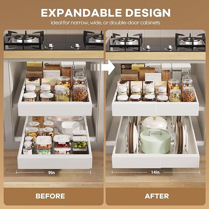 Seinloes 4 Pack Pull out Cabinet Organizer 21" Deep With Raising Pad for Framed Cabinets, Expandable (9"-14" W) Slide out Drawers for Kitchen Cabinets with 4pcs Divider Racks, Roll out Shelves, White