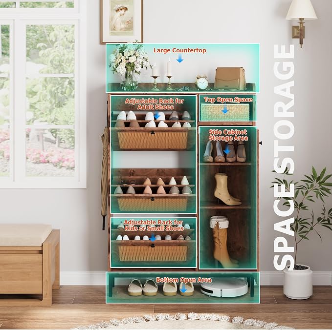 Garvee Shoe Cabinet with 3 Flip Drawers, Freestanding Shoe Organizer with 4-Tier Shoe Storage Cabinet and Adjustable Shelf & Rattan Doors,Narrow Shoe Rack Cabinet for Entryway, Closet, Hallway