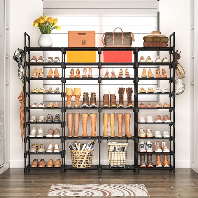 ROJASOP Large Shoe Rack Organizer for Entryway Closet 64-68 Pairs 9-Tier Heavy Duty Tall Garage Shoe Rack Shoe Shelf Shoes Storage with 18 Pcs Removable Side Hooks for Bedroom and Garage Black