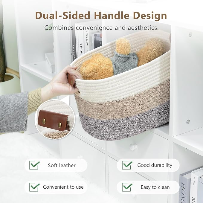 ECDYQXVU 15x10x9 Woven Cotton Rope Storage Basket, Leather Handles 2 Pack | Foldable Design, Sturdy PU Handles, Easy to Clean Organizer for Living Room, Closet, Shelves, Bedroom, Laundry, Clothes