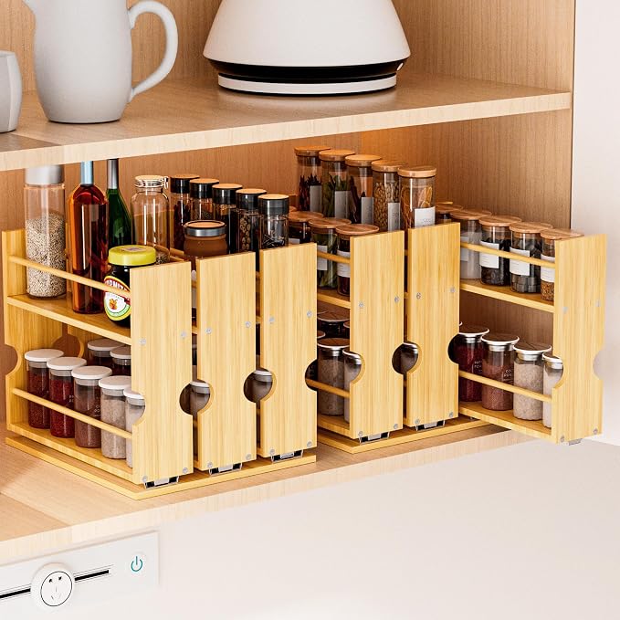 Jolitac Bamboo Pull Out Spice Rack for Cabinet, Slide Out Drawers | 1.85" Wide Drawers, Space-Saving Vertical Organization, Easy to Install, 9.1" Wide, 3 Drawers, 2-Tier