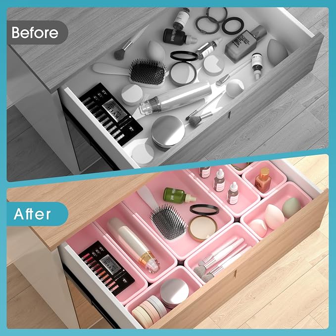 10 PCS Drawer Organizer Set, 4 Size Makeup Drawer Divider Organizer With Non-Slip Pads, Interlocking Plastic Storage Bins for Office,Jewelry Vanity,Gadgets, Bathroom,Kitchen, Pink