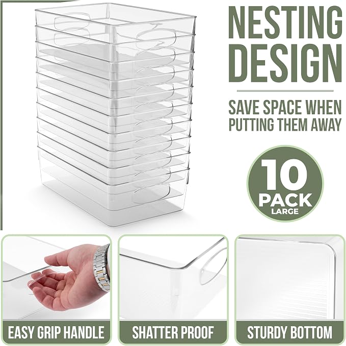 Sorbus 10-Pack Large Clear Plastic Organizing Bins – Clear Bins for Organizing, Refrigerator Organizers, Fridge Organizer, Pantry Storage, Kitchen Organizer, and Pantry Organizers and Storage Bins