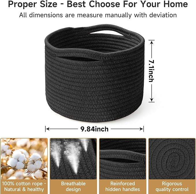 Small Rope Baskets for Storage, Baskets for Gifts Empty, Cute Round Woven Basket, Decorative Shelf Baskets 9.82×9.82×7.1", Cotton Toy Basket Storage Bins for Organizer-Black