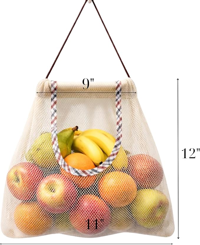 Durable Reusable Hanging Storage Mesh Bags for Fruits, Vegetables, Garlic, Ginger & Potatoes, Kitchen Storage Mesh Bag, Breathable Storage Bags for Pantry, Home Decor & Kitchen Decor (2 white bags)