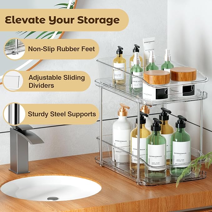 incostar 2 Tier Pull-Out Organizer for Bathroom Kitchen, Under Sink Storage with Dividers, Ideal for Cabinet, Cupboard Organization, Slide-Out Clear Storage, 1 Pack