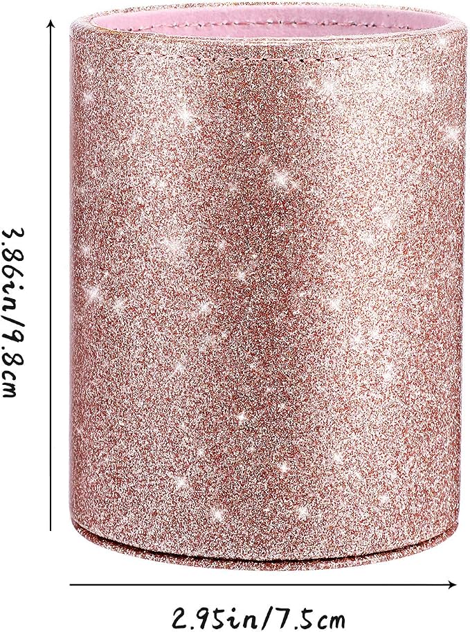 Outus Back to School Supplies PU Glitter Pen Holder Pencil Cup Shiny for Women Girls, Luxury Makeup Brush Holder PU Leather Organizer Cup Gift for Desk Office Classroom Home(Rose Gold)