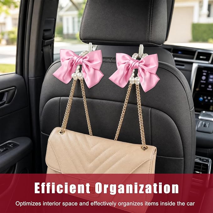 2 PCS Bow Pearl Car Seat Headrest Hook, Car Seatback Hanging Organizer Elegant Pearl Purse Hanger, Cute Bow Vehicle Interior Headrest Storage Hook for Handbag Purse Coat (Pink)