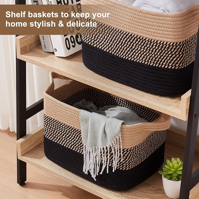 OIASKET Storage Basket for Organizing, Woven Baskets for Storage, Rectangle Decorative Baskets for Shleves, Closet, Toys, Books, Nursery Organizer Bins - Pack of 3 (Black & Brown, 13"x9.85"x8.7")