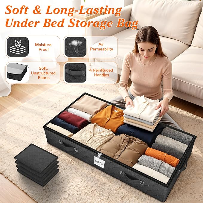 SpaceWhisper 90L Under Bed Storage Containers, 8-Pack Storage Bins with Clear Top, Foldable Closet Organizers and Storage with Label Holder for Clothing, Blankets, Comforter & Pillows(Black)