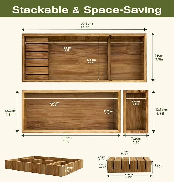 KOCWELL Bamboo Drawer Organizer with Knife Block, 3 Removable Silverware Drawer Organizer Bins - Multi-Use for Kitchen Utensils, Office, Makeup, Tools Storage