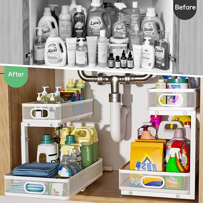 Under Sink Organizer 2 Pack, High Adjustable 2 Tier Under Sink Organizers and Storage, Slide out Metal Cabinet Organizers, Pull out Storage Drawer Shelf for Kitchen Bathroom Cabinet