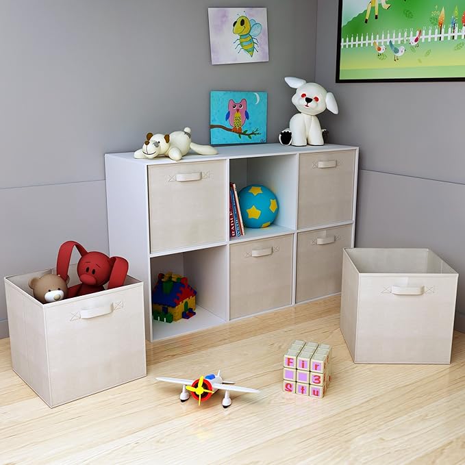 Home-Complete 6-Pack Storage Bins Set - Collapsible, Foldable Cube Organization for Shelves and Cubbies in Homes, Offices, and Nurseries (Beige)