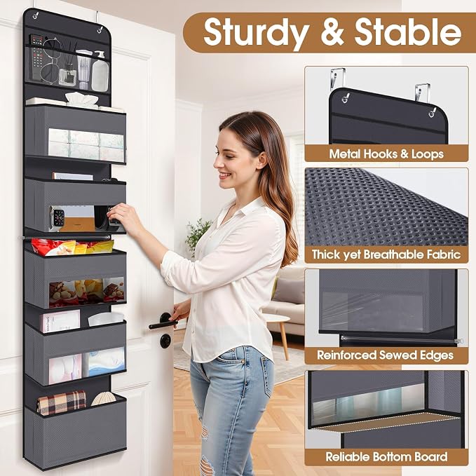 WISELIFE 6-Tier Over The Door Organizer Storage Detachable Design Door Hanging Storage Organizer with Clear Window Behind The Door Storage for Nursery Bedroom Bathroom Pantry Closet Dark Grey