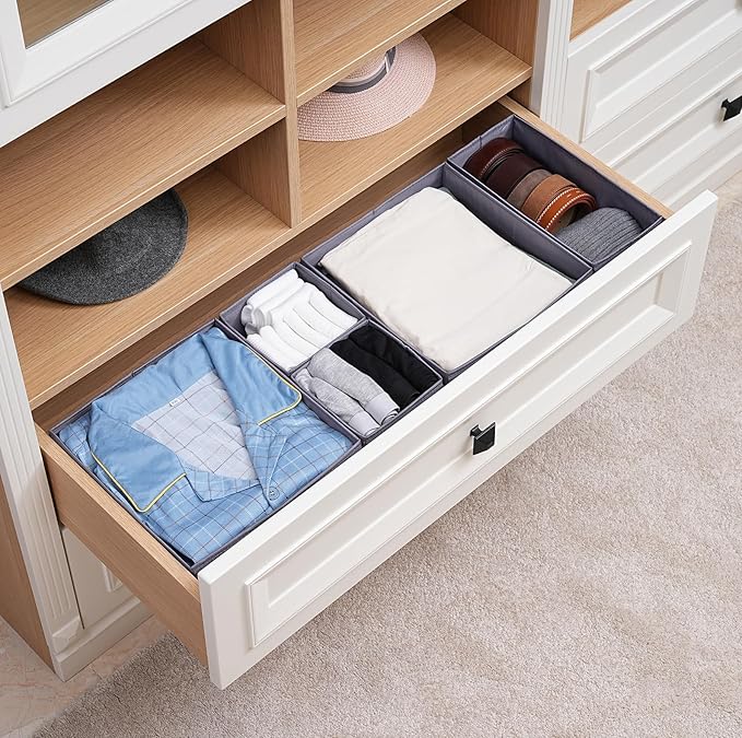 TYEERS Drawer Organizers, Durable Fabric, Washable, with Base Support Boards, Small Storage Boxes for Bathroom, Closet, Dresser, Set of 6, Dark Grey