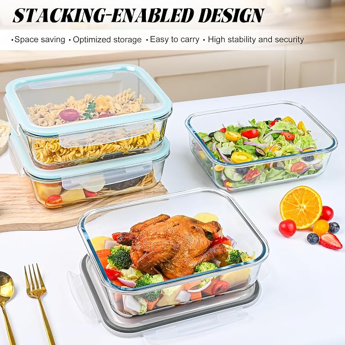 LOVYANXUE 2Pack 9.8 Cups/ 78 Oz Large Glass Food Storage Containers with Lids, Glass Meal Prep Containers with Airtight Lids - BPA Free, Leakproof, Ideal for Food Storing/Serving, Microwave/Oven Safe