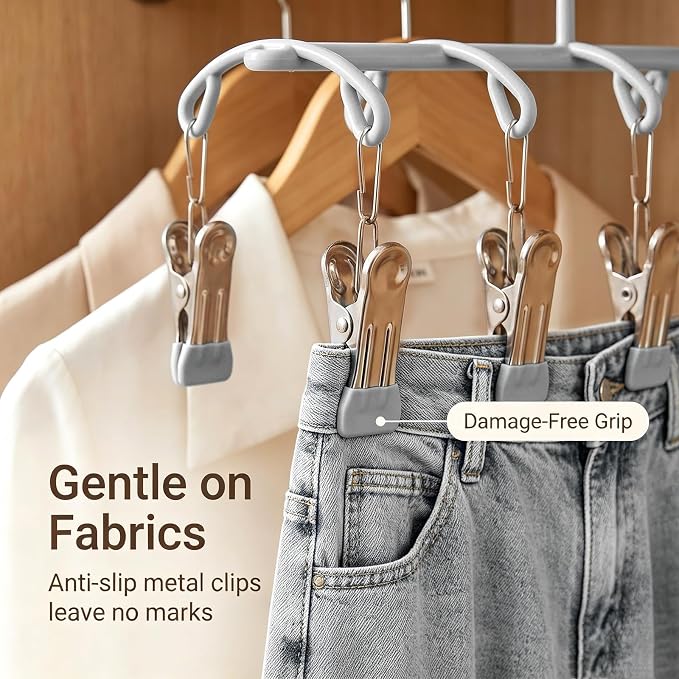 Pants Hangers with 20 Clips, Space Saving Hanging Closet Organizer (Grey) | 360°swivel & non-slip rustproof clips, multi-functional organizer holds leggings, skirts, hats, socks, scarves and lingerie