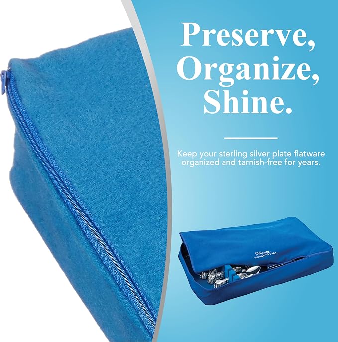 Hagerty Zippered Flatware Storage Drawer Liner –Tarnish Preventative Silverware Organizer, Large Container, Cutlery Holder, and Utensil Keeper Bag, Made in USA, Kosher Certified,Blue, 19" x 12" x 2.5"