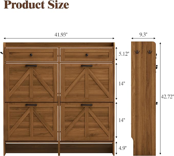 Thacuok Shoe Cabinet with 4 Flip Drawers & 2 Storage Drawers, Rustic Farmhouse Narrow Shoe Organizer Cabinet, Slim Shoe Rack Cabinet, Shoe Storage Cabinet for Entryway, Hallway, Front Door