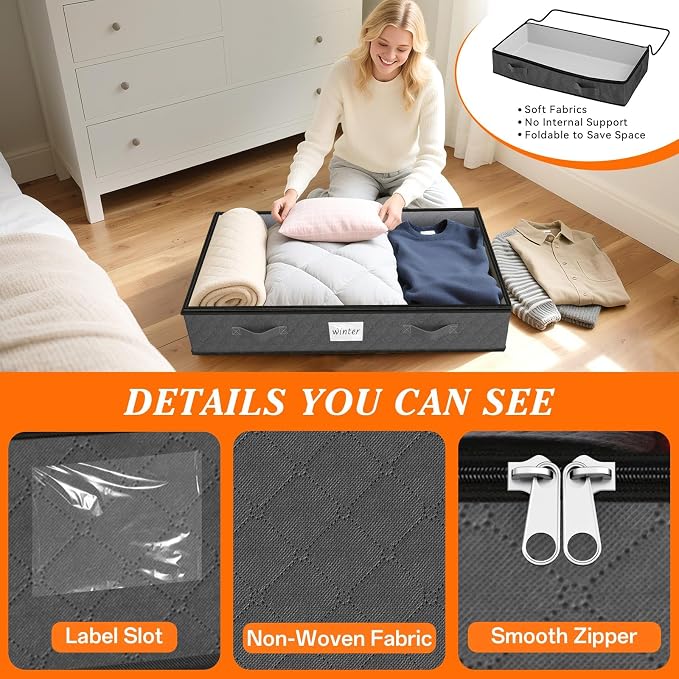 SpaceWhisper 90L Under Bed Storage Containers, 2-Pack Storage Bins with Clear Top, Foldable Closet Organizers and Storage with Label Holder for Clothing, Blankets, Comforter & Pillows (Grey)