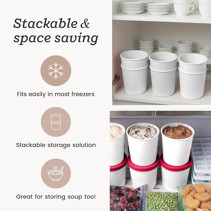 StarPack Freeze The Day Homemade Ice Cream Containers (2-Pack, 1 Quart) - Airtight Silicone Lids, BPA-Free Reusable Freezer Tubs with Dry Erase Pen and Labels - Stackable, Red and White