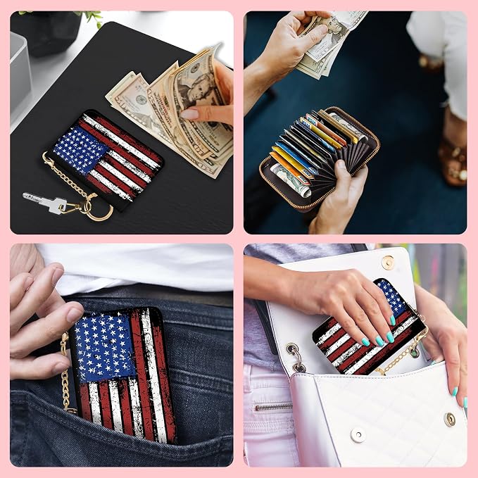 Blusabaca Women's RFID-Blocking American Flag Wallet, Leather, 12 Card Slots, 2 Coins, Zipper Closure, Waterproof | Removable Keychain, Case with Zipper, Vegan PU Leather, Cash Coin Pocket, Business Accordion Purse, Ladies Female Gift