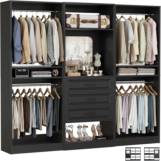 Unikito Modular Closet System with 3 Sets, 75”Closet Organizer System with Drawers, Mirror, Hanging Rods and Adjustable Shelves, Freestanding Wood Wardrobe Garment Rack, Walk in Closet Tower, Black