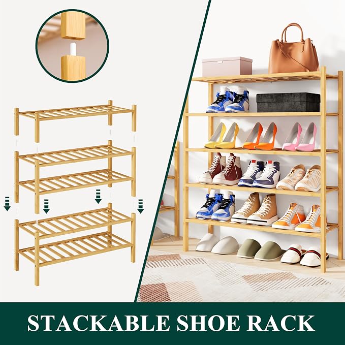 Smiry Bamboo Shoe Rack, 5 Tier Free Standing Wooden Shoe Organizer, Stackable Wood Shoe Storage Shelf for Closet, Entryway, 12 Vertical Slats, 2+2+1 Stack Standard Legs, 26.8"x11"x32.5", Natural