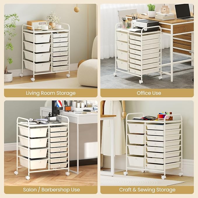 RELAX4LIFE 12-Drawer Rolling Storage Cart - Mobile Utility Drawer Carts | White Metal Frame & Drawers, Rolling Mobility Wheels; Craft Storage For Classroom School Home Office Utility Organization