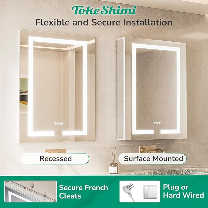TokeShimi 30x26 Recessed Medicine Cabinet with Lights 3 Color Dimmable and Defogger, Led Medicine Cabinet Mirrored with Outlet Surface or Recessed, Bathroom Mirror with Storage Adjustable