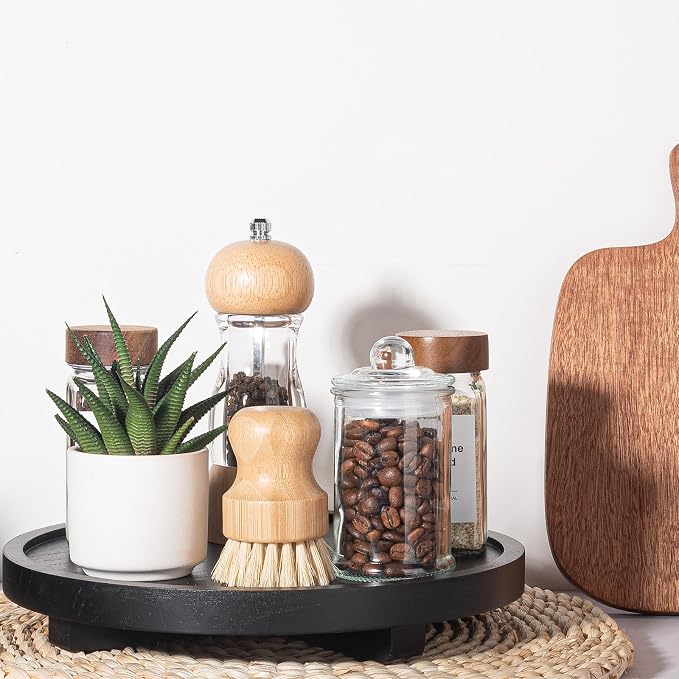 Round Decorative Tray Wood Bathroom Counter Organizer Farmhouse Kitchen Decor Wooden Riser for Soap Dish, Perfume, Candle, Sponge, 10" - Black | Waterproof, Lightweight, Easy Clean, Wood Riser Pedestal Stand Accessories for Office Desk, Vanity, Counter...