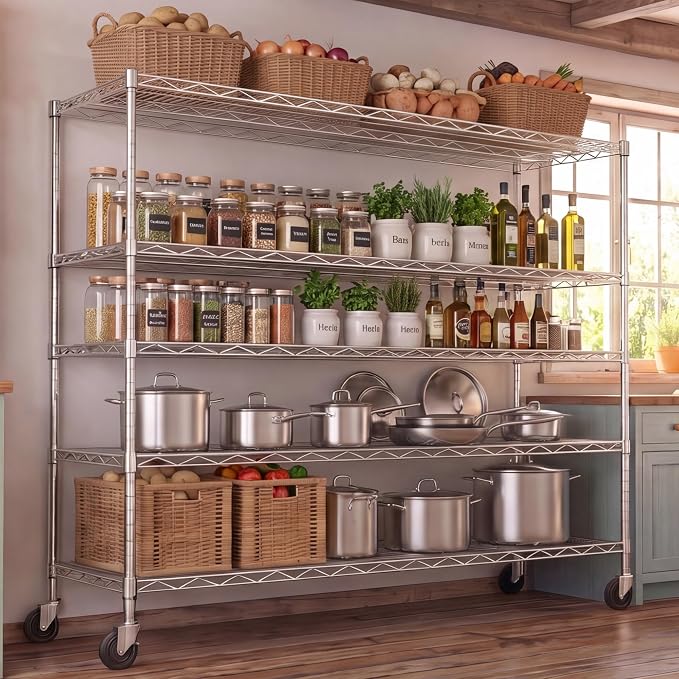 48" W x 24" D x 81" H Storage Shelves Heavy Duty with Wheels 5 Tier Adjustable Wire Garage Shelving Rolling Metal Organizer Shelf Utility Rack for Commercial Warehouse,Kitchen Chrome