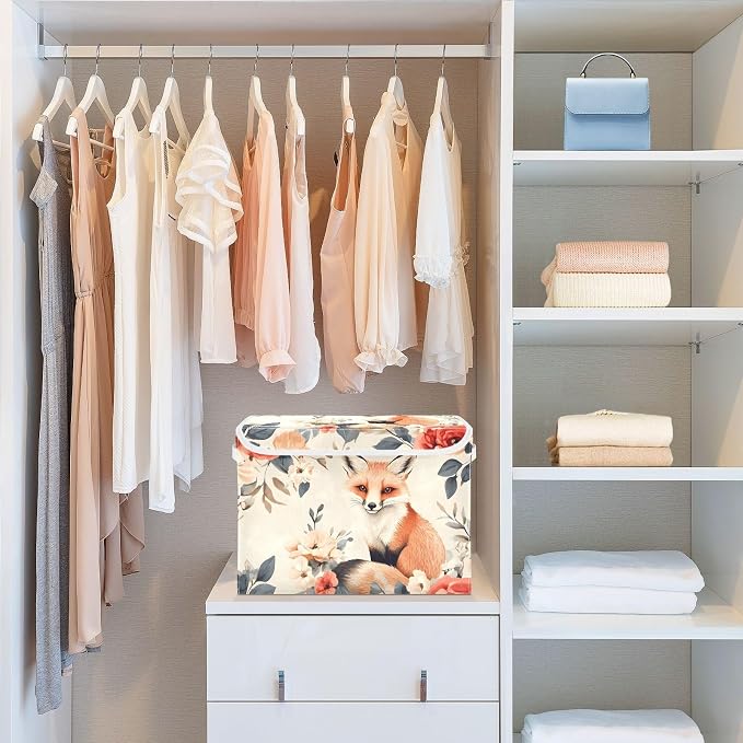 Flower-like Fox Lidded Storage Bins with Handles - 16.5"x12.6"x11.8" Foldable Organizing Box, Oxford Fabric & Honeycomb Board, Dust-Proof Flip Lid for Closet/Office
