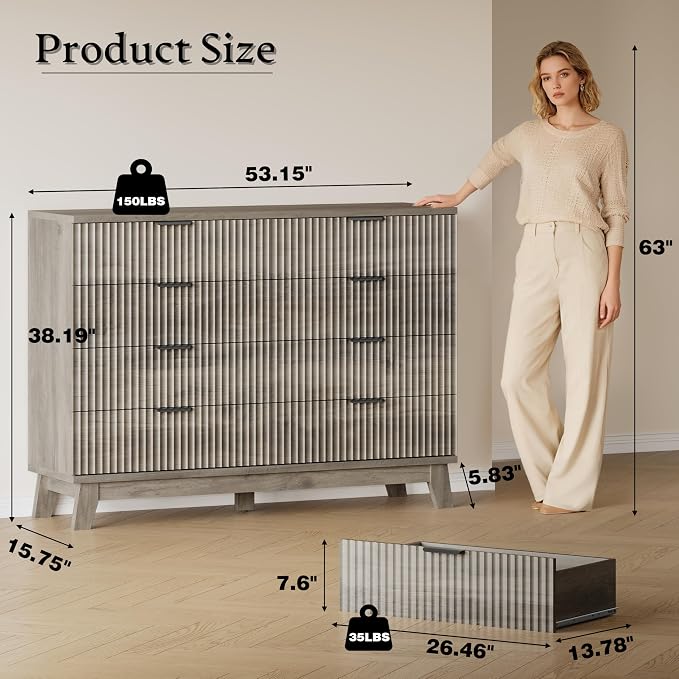 BORNOON 53" Wide Dresser for Bedroom, 8-Drawer Fluted Chest of Drawers, Modern Wood Highboy with Metal Slides and Handles, Anti-Tip Kit, Vertical Clothes Storage Organizer for Apartment, Closet