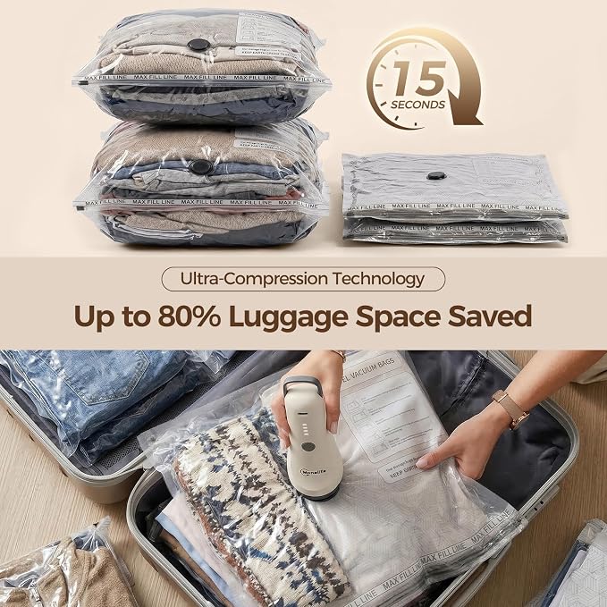 Vacuum Seal Bags for Clothing Travel,12-Pack, 80% Space Reduction | Fits Carry-On, Luggage, and Suitcase, Reusable Airtight Seal Prevents Leaks, Ideal For Home Storage & Travel Packing