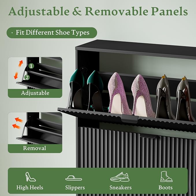 Xixini Shoe Storage Cabinet for Entryway with 2 Flip Drawers, Hidden Slim Wood Shoe Organizer with Modern Fluted Panel, Freestanding Narrow Shoe Rack for Front Door Entrance, Hallway, Foyer, Black