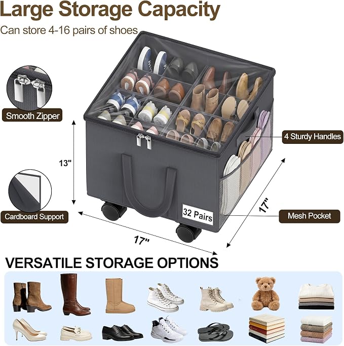 Large Shoe Organizer for Closet, 16 Pairs Shoe Storage Box with 360° Wheels & Reinforced Handles, Adjustable Dividers, Clear Cover, Side Pocket, Foldable Oxford Fabric Bin for Entryway, Grey