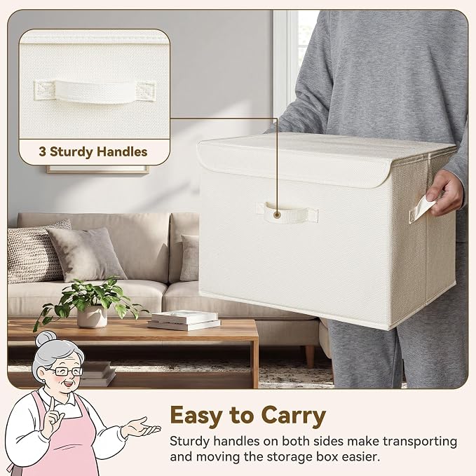 GRANNY SAYS Closet Storage Bins, Decorative Storage Boxes with Lids, Clothes Organizing Bins, Lidded Baskets for Toys, Clothing, Extra Large, Ivory White&Khaki, 2-Pack