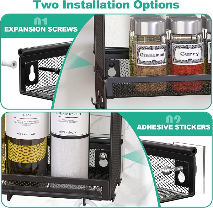 Docnest 3 Tier Wall Mounted Spice Rack with 9 Hooks, Black | Metal kitchen organizer shelf for seasoning jars. Features 2 installation ways using screws or adhesive