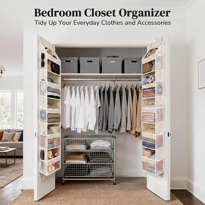 5 Tiers Ultra-Thin Over Door Organizer with 10 Mesh Side Pockets, 44 lbs Weight Capacity Hanging Storage Organizer with Clear Window Kids Toys, Shoes, Diapers, Beige
