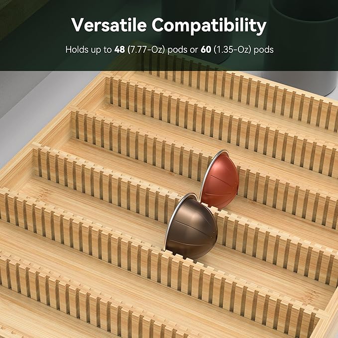 for Nespresso Vertuo Capsules Bamboo Coffee Pod Drawer Organizer | 14.84" Wx11.81" Dx1.54" H 48 Big or 60 Small Pods Holder for Counter