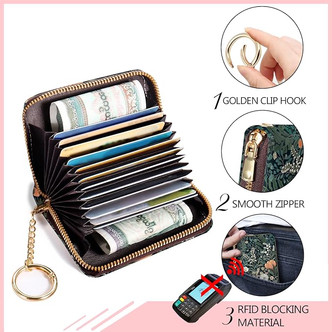 Blusabaca RFID Credit Card Holder Small Women Travel Wallet, Wildflowers | Removable Keychain, Case with Zipper, Vegan PU Leather, Cash Coin Pocket, Business Accordion Purse, Ladies Female Gift