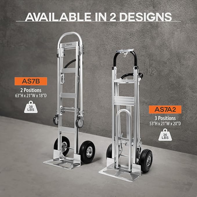 Vergo Industrial Convertible Hand Truck - AS7A2 Heavy Duty Aluminum 3 in 1 Dolly (750 lb Capacity) Lightweight Frame, Ergonomic Handle, Extendable Loop, Versatile Moving Cart (3 Positions, 53" High)