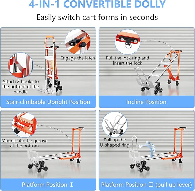 4 in 1 Industrial Convertible Stair Climbing Cart 1000 LBS Capacity, Heavy Duty Aluminum Hand Truck Dolly Cart with Solid Wheel, Folding Stair Climbing Cart Trolley for Transport Logistics Moving