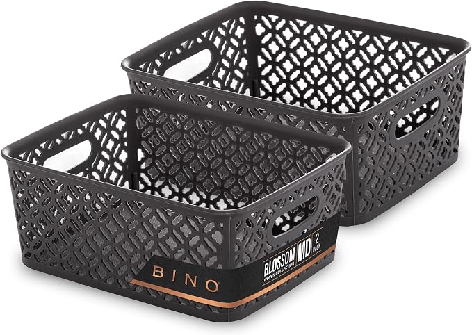 BINO l Plastic Storage Baskets, Medium - Grey | THE BLOSSOM COLLECTION l Multi-Use Organizer Bin l Built-in Handles l Plastic Woven Basket for Organizing l Pantry & Home Organizing Basket